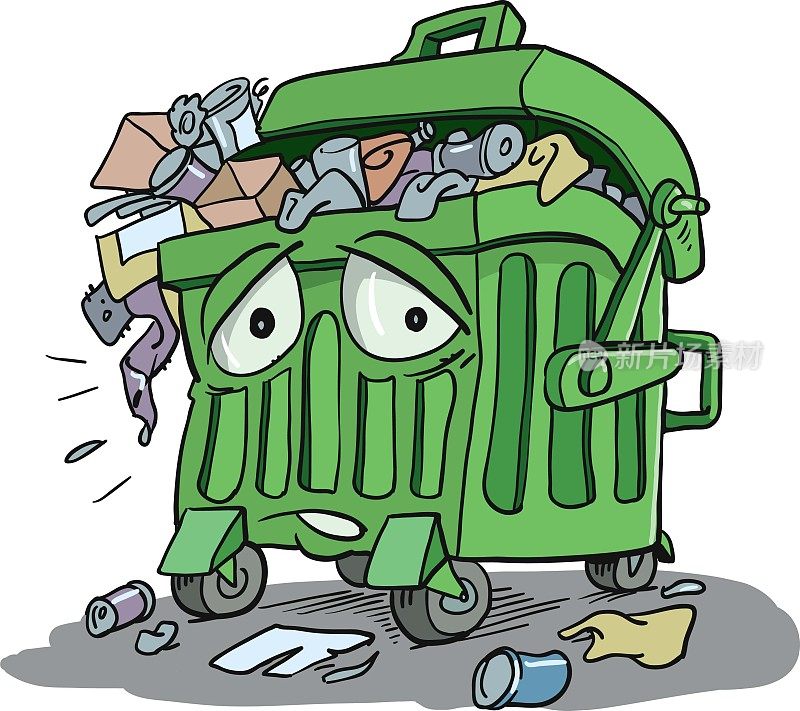 Plastic garbage bin full of trash